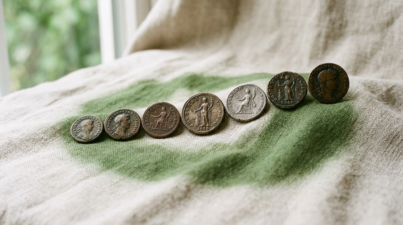 Account notebook and coins on a pale wooden table